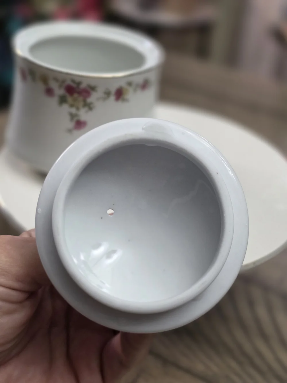 Porcelain Sugar Bowl with Pink Rose Motif - White and Gold Accent
